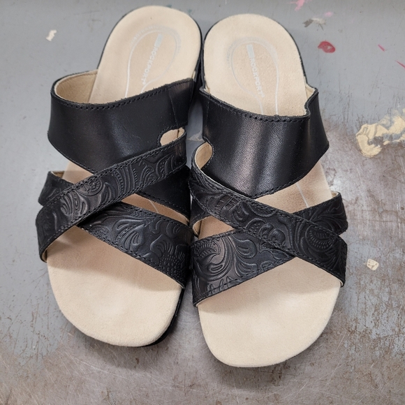 Rockport Dynamic Suspension Slip On Black Tooled Leather Sandal Sz 7.5W paisley - Picture 1 of 6